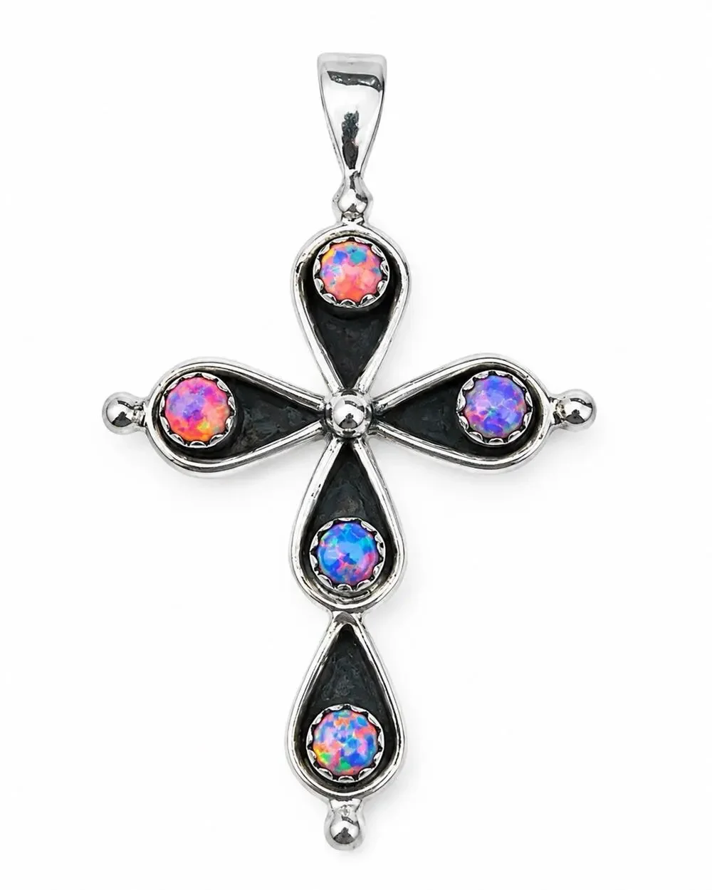 Large 2” Sterling Silver Aurora Opal Cross Pendant Pink Blue Fire 925 Gift FAITH - Picture 1 of 9